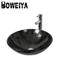 Luxurious Black European Style Bathroom 12mm Thick Glass Lavatory Water Sink